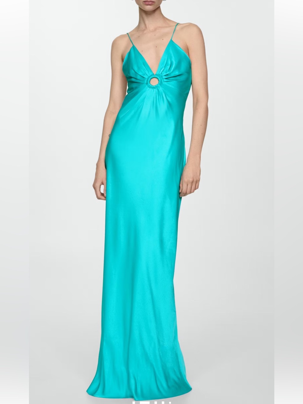 MANGO Aurora Turquoise Satin Slip Dress with Ring Detail